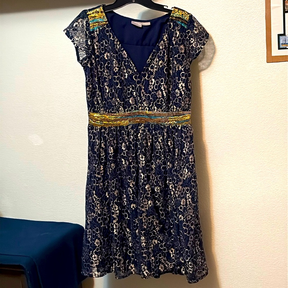 EShakti women’s dress, Sz 10, Gold & Blue Lace, pockets, metallic details